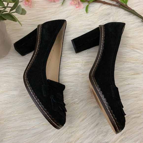 Kate Spade Suede Fringe Kiltie Heeled Loafer Black - Picture 4 of 7